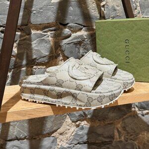 Gucci Grey GG Logo Rubber Cubic Platform Slide Sandals